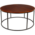 Table basse ronde moderne en bois marron / verre transparent / marbre blanc / marbre et or avec cadre en métal noir - Usage unique