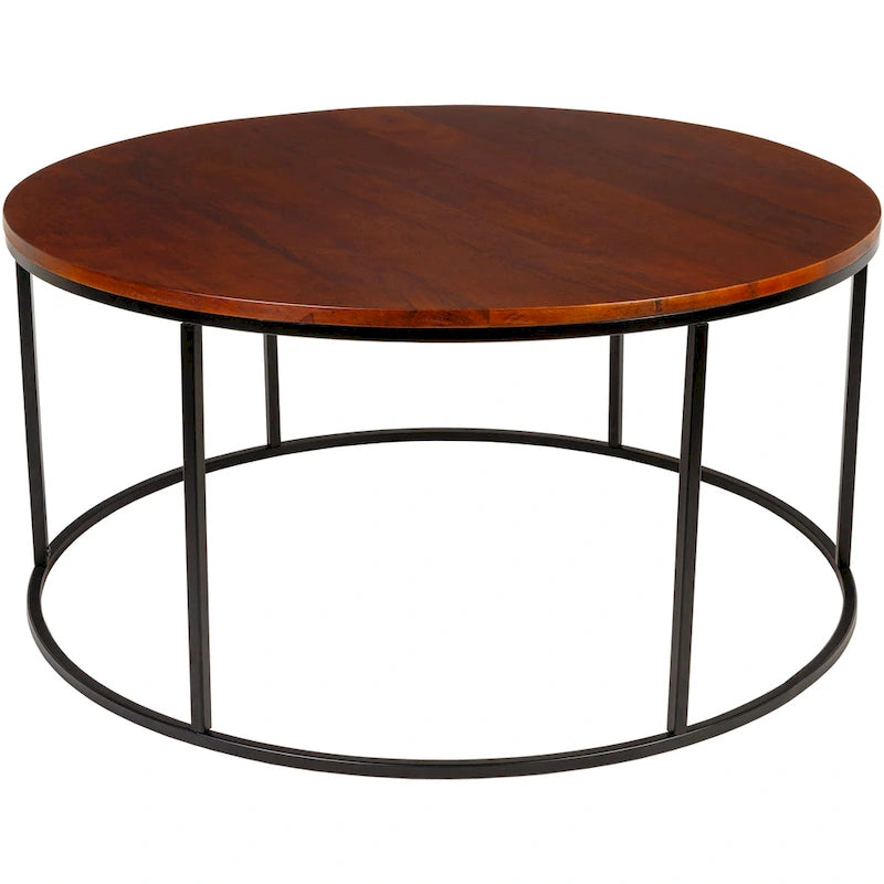 Table basse ronde moderne en bois marron / verre transparent / marbre blanc / marbre et or avec cadre en métal noir - Usage unique