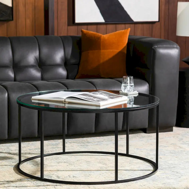 Table basse ronde moderne en bois marron / verre transparent / marbre blanc / marbre et or avec cadre en métal noir - Usage unique