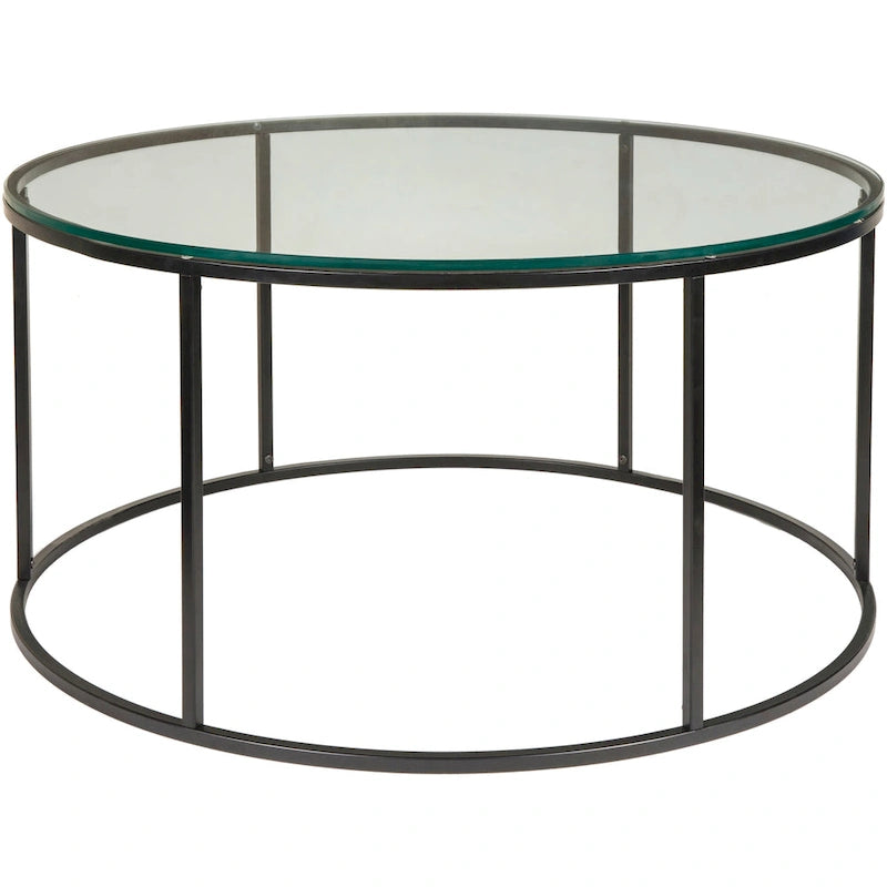 Table basse ronde moderne en bois marron / verre transparent / marbre blanc / marbre et or avec cadre en métal noir - Usage unique