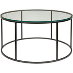 Table basse ronde moderne en bois marron / verre transparent / marbre blanc / marbre et or avec cadre en métal noir - Usage unique