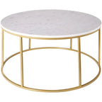 Table basse ronde moderne en bois marron / verre transparent / marbre blanc / marbre et or avec cadre en métal noir - Usage unique
