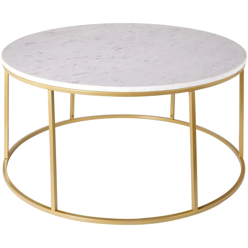 Table basse ronde moderne en bois marron / verre transparent / marbre blanc / marbre et or avec cadre en métal noir - Usage unique