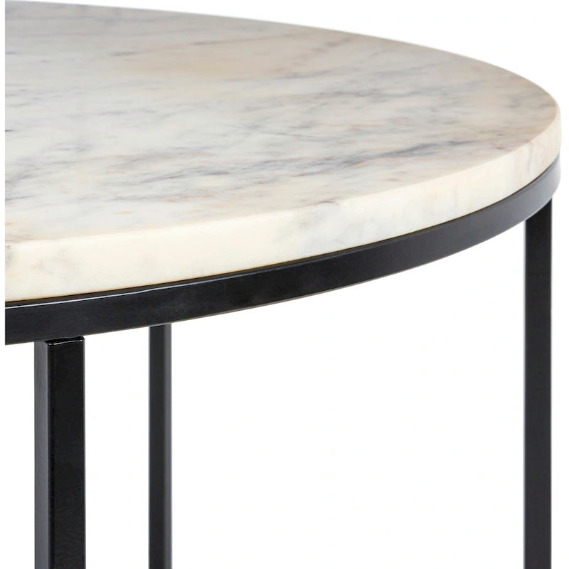 Table basse ronde moderne en bois marron / verre transparent / marbre blanc / marbre et or avec cadre en métal noir - Usage unique