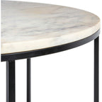 Table basse ronde moderne en bois marron / verre transparent / marbre blanc / marbre et or avec cadre en métal noir - Usage unique