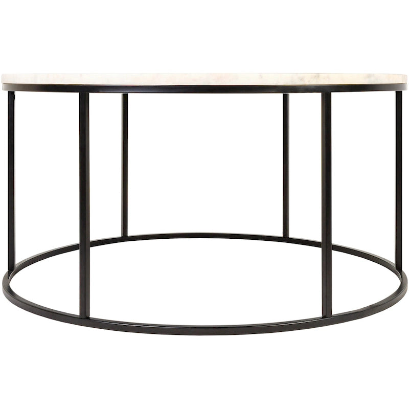 Table basse ronde moderne en bois marron / verre transparent / marbre blanc / marbre et or avec cadre en métal noir - Usage unique