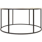 Table basse ronde moderne en bois marron / verre transparent / marbre blanc / marbre et or avec cadre en métal noir - Usage unique
