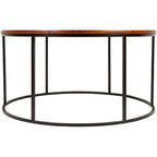Table basse ronde moderne en bois marron / verre transparent / marbre blanc / marbre et or avec cadre en métal noir - Usage unique