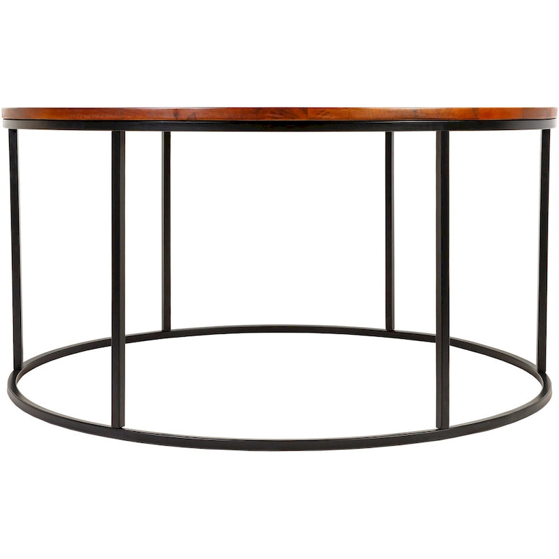 Table basse ronde moderne en bois marron / verre transparent / marbre blanc / marbre et or avec cadre en métal noir - Usage unique