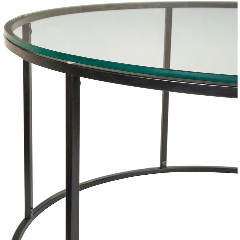 Table basse ronde moderne en bois marron / verre transparent / marbre blanc / marbre et or avec cadre en métal noir - Usage unique