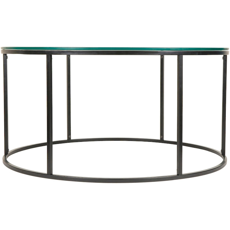 Table basse ronde moderne en bois marron / verre transparent / marbre blanc / marbre et or avec cadre en métal noir - Usage unique