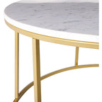 Table basse ronde moderne en bois marron / verre transparent / marbre blanc / marbre et or avec cadre en métal noir - Usage unique