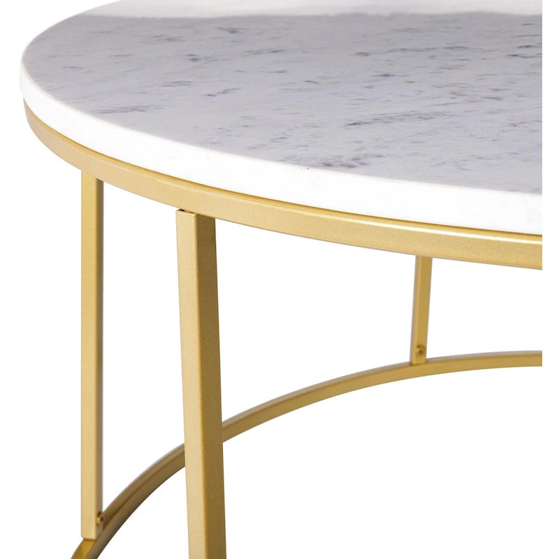 Table basse ronde moderne en bois marron / verre transparent / marbre blanc / marbre et or avec cadre en métal noir - Usage unique