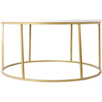 Table basse ronde moderne en bois marron / verre transparent / marbre blanc / marbre et or avec cadre en métal noir - Usage unique