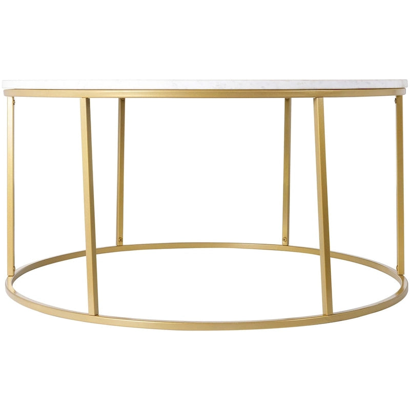 Table basse ronde moderne en bois marron / verre transparent / marbre blanc / marbre et or avec cadre en métal noir - Usage unique