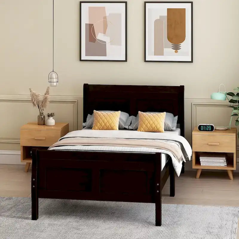 Lit plateforme double en bois, style traîneau, avec tête et pied de lit, blanc/chêne/expresso - Usage unique