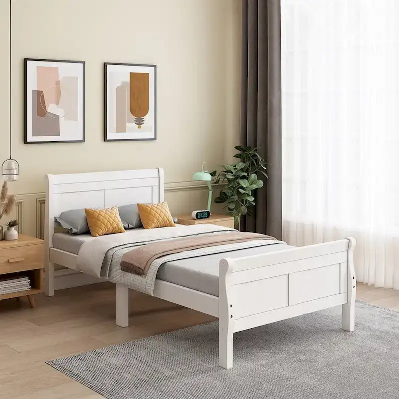 Lit plateforme double en bois, style traîneau, avec tête et pied de lit, blanc/chêne/expresso - Usage unique