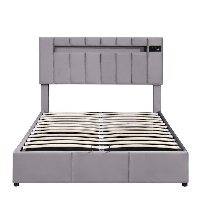 Lit coffre hydraulique en velours gris/beige avec LED, Bluetooth et USB – Convient pour 2 personnes