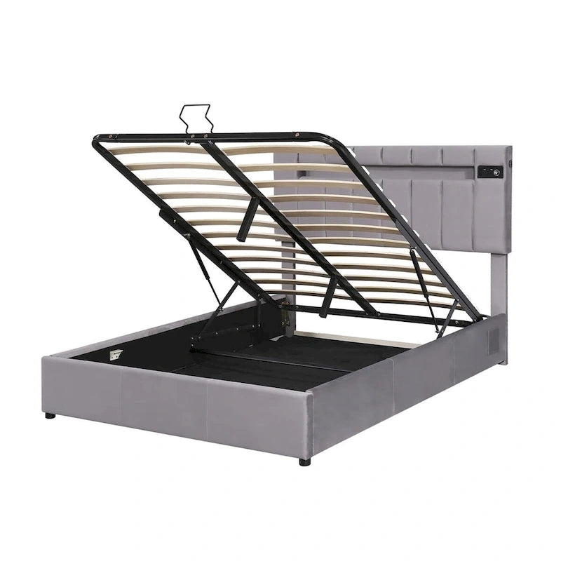 Lit coffre hydraulique en velours gris/beige avec LED, Bluetooth et USB – Convient pour 2 personnes