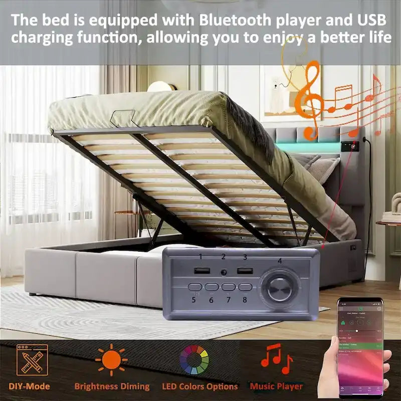 Lit coffre hydraulique en velours gris/beige avec LED, Bluetooth et USB – Convient pour 2 personnes