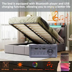 Lit coffre hydraulique en velours gris/beige avec LED, Bluetooth et USB – Convient pour 2 personnes