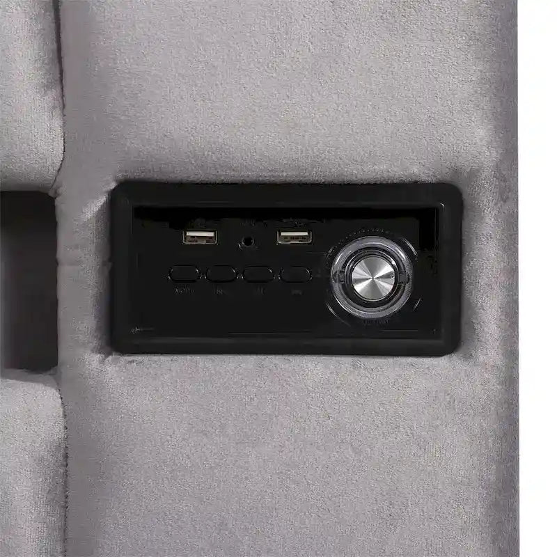Lit coffre hydraulique en velours gris/beige avec LED, Bluetooth et USB – Convient pour 2 personnes