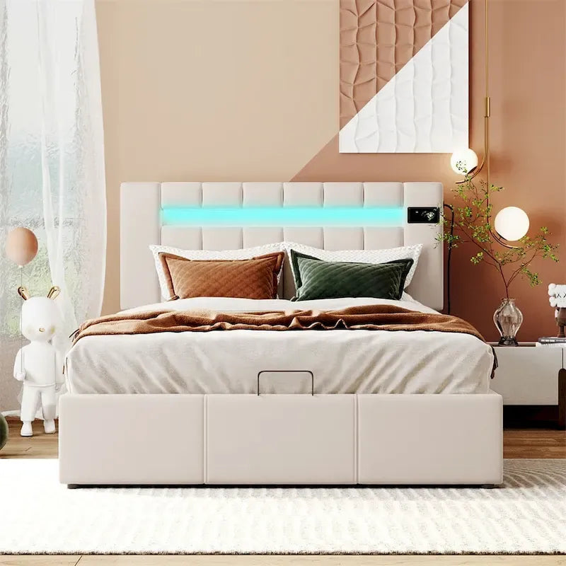 Lit coffre hydraulique en velours gris/beige avec LED, Bluetooth et USB – Convient pour 2 personnes