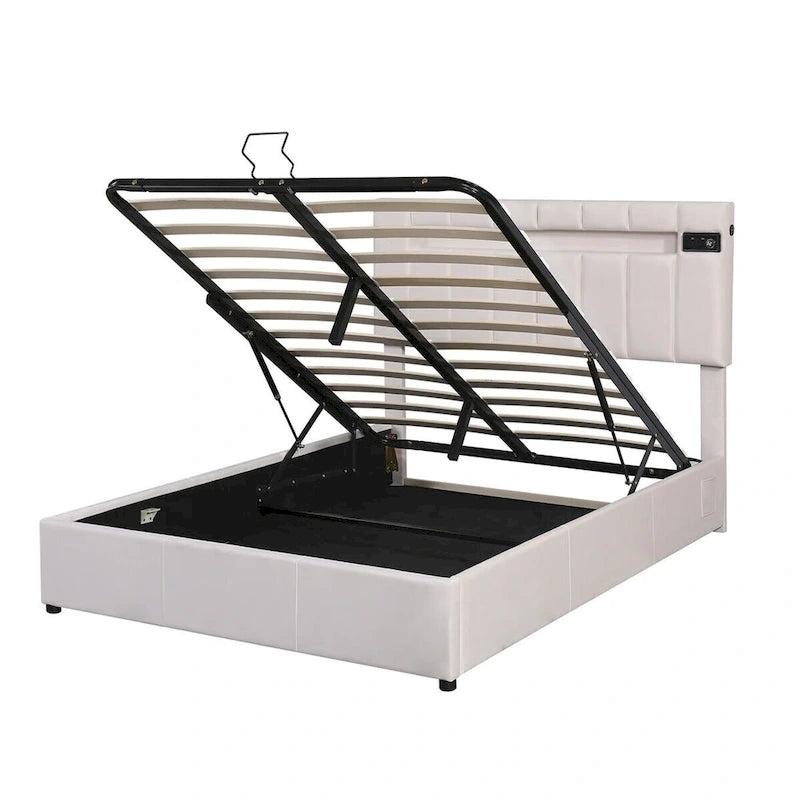 Lit coffre hydraulique en velours gris/beige avec LED, Bluetooth et USB – Convient pour 2 personnes