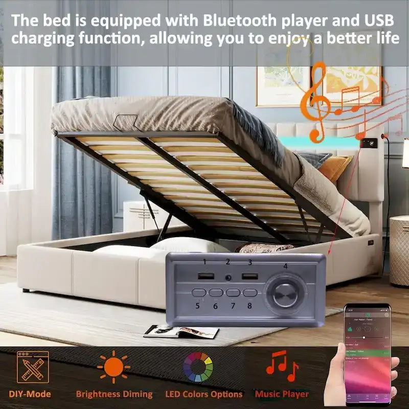 Lit coffre hydraulique en velours gris/beige avec LED, Bluetooth et USB – Convient pour 2 personnes