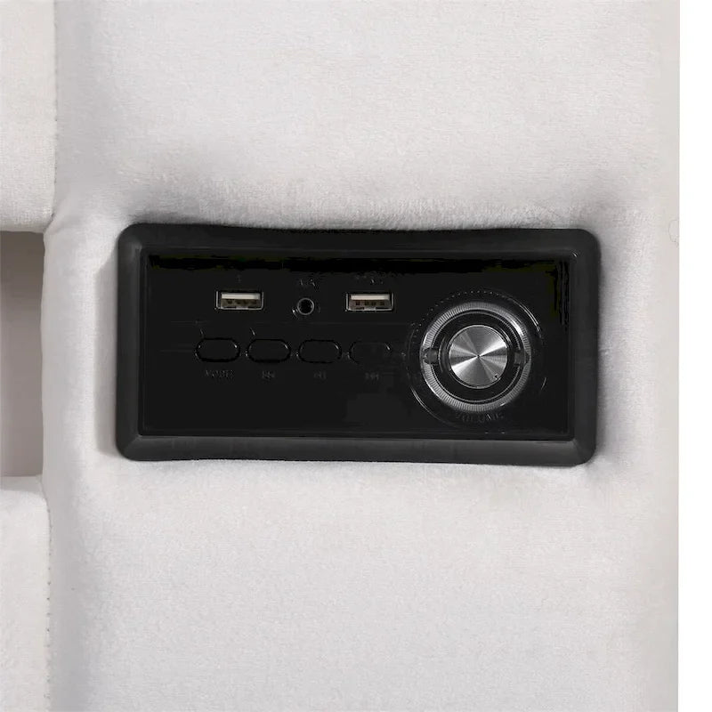 Lit coffre hydraulique en velours gris/beige avec LED, Bluetooth et USB – Convient pour 2 personnes