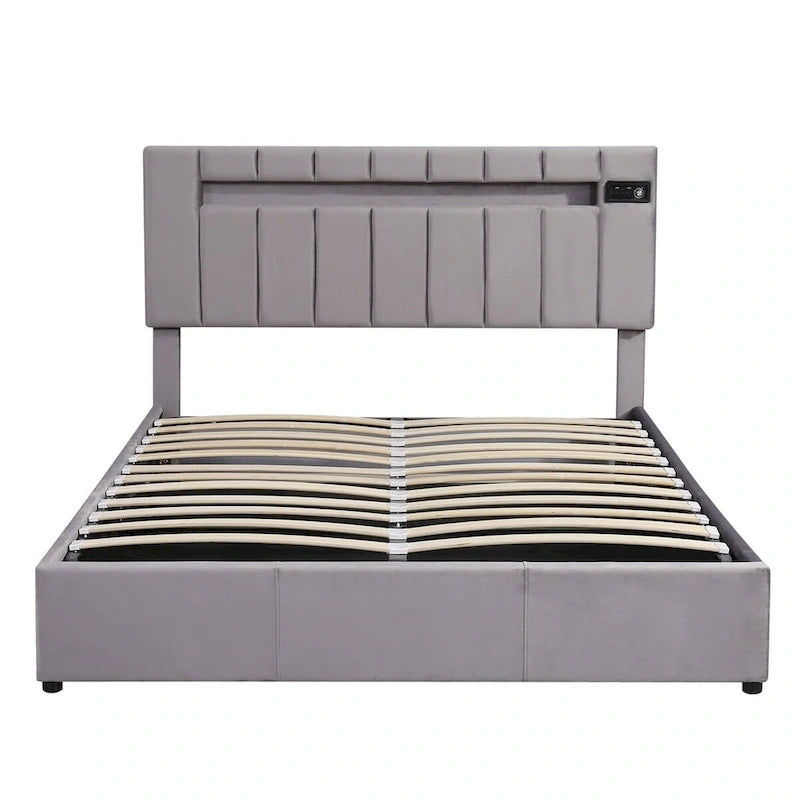 Lit coffre hydraulique en velours gris/beige avec LED, Bluetooth et USB – Convient pour 2 personnes