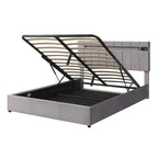 Lit coffre hydraulique en velours gris/beige avec LED, Bluetooth et USB – Convient pour 2 personnes