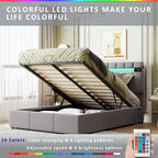 Lit coffre hydraulique en velours gris/beige avec LED, Bluetooth et USB – Convient pour 2 personnes