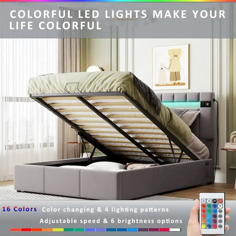 Lit coffre hydraulique en velours gris/beige avec LED, Bluetooth et USB – Convient pour 2 personnes