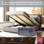 Lit coffre hydraulique en velours gris/beige avec LED, Bluetooth et USB – Convient pour 2 personnes