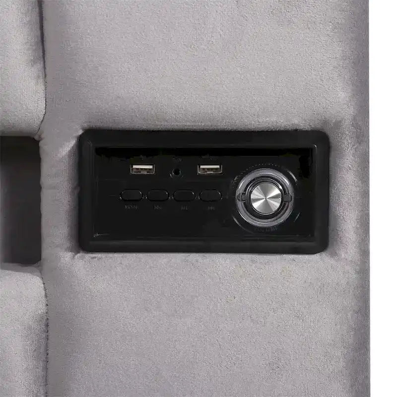 Lit coffre hydraulique en velours gris/beige avec LED, Bluetooth et USB – Convient pour 2 personnes