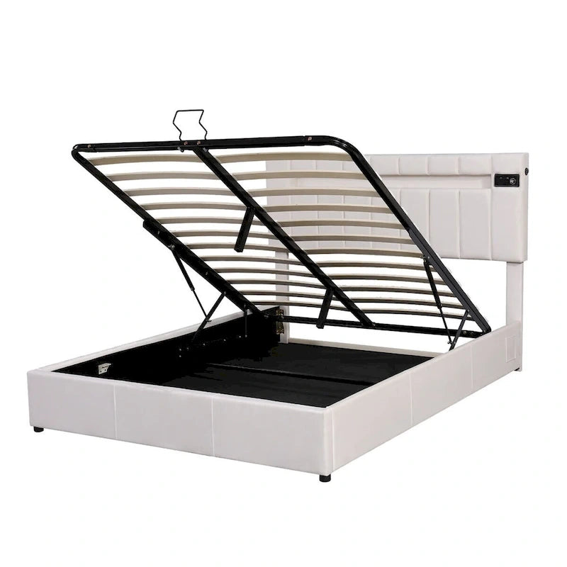 Lit coffre hydraulique en velours gris/beige avec LED, Bluetooth et USB – Convient pour 2 personnes