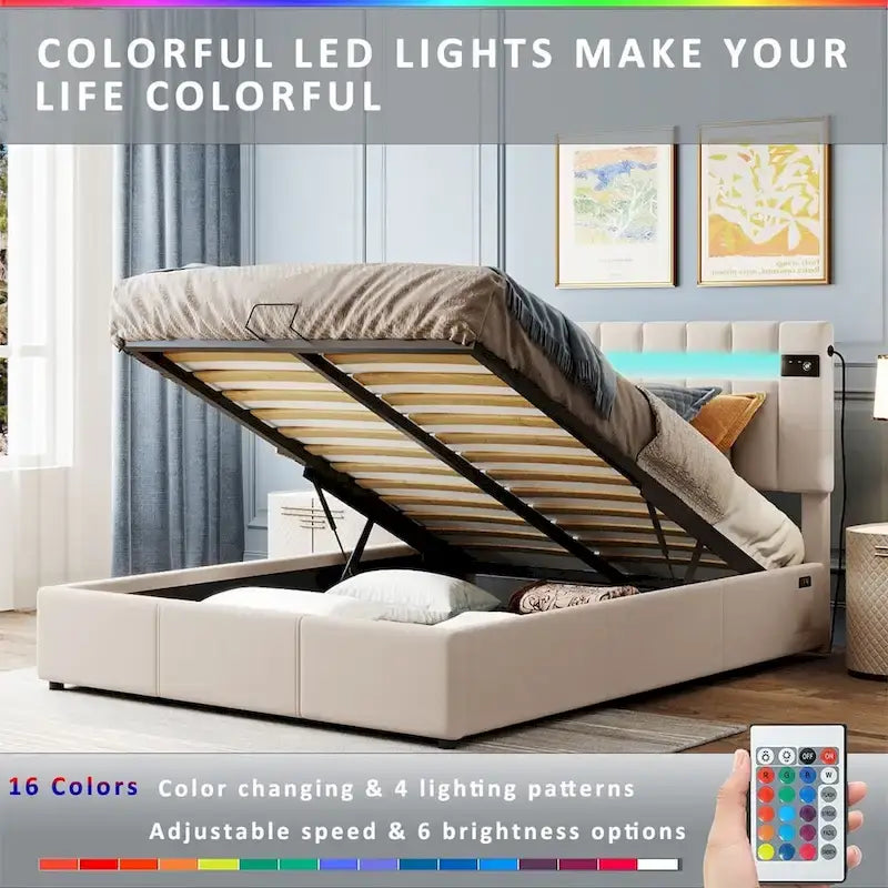 Lit coffre hydraulique en velours gris/beige avec LED, Bluetooth et USB – Convient pour 2 personnes
