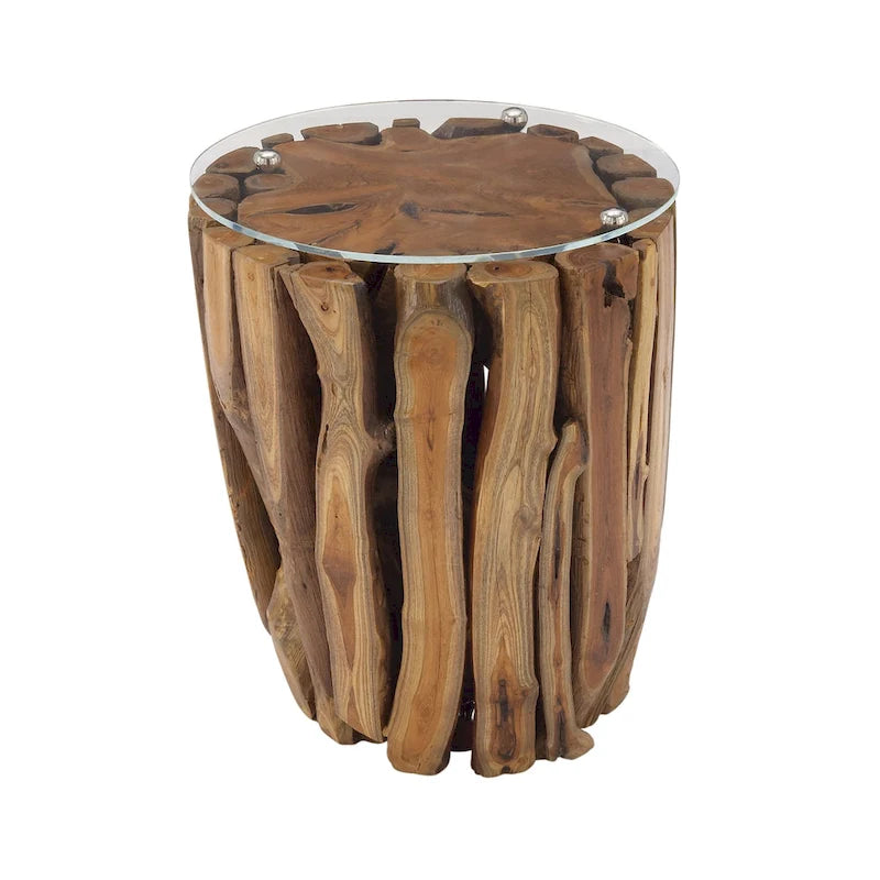 Teak Wood Handmade Accent Table with Clear Glass Top - Brown - Roche River Decor - 16Wx16Lx18H