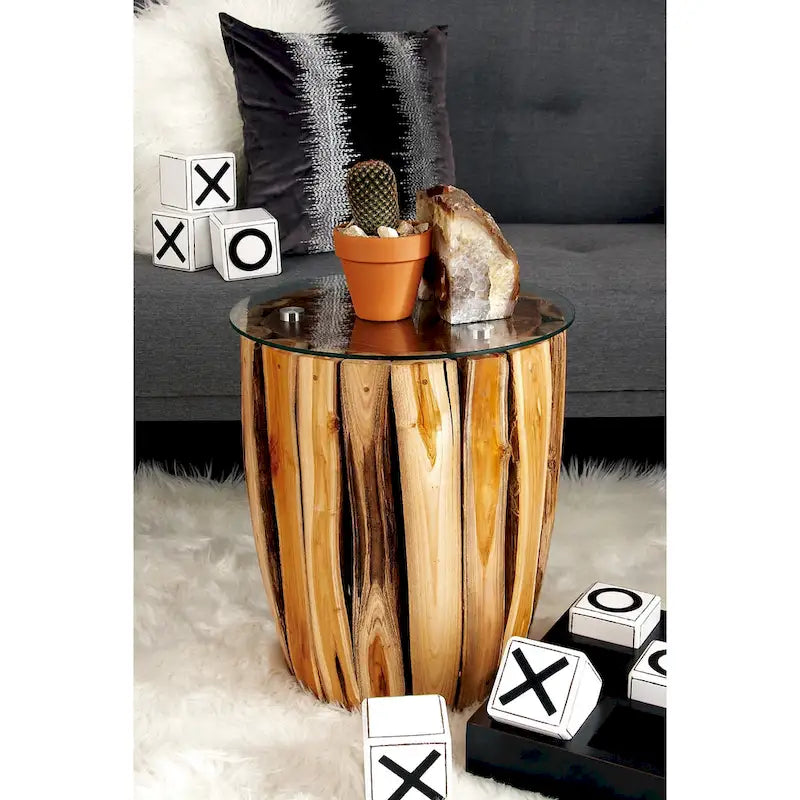 Table d'appoint cylindrique en bois de teck marron avec plateau en verre transparent - Usage unique