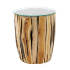 Table d'appoint cylindrique en bois de teck marron avec plateau en verre transparent - Usage unique