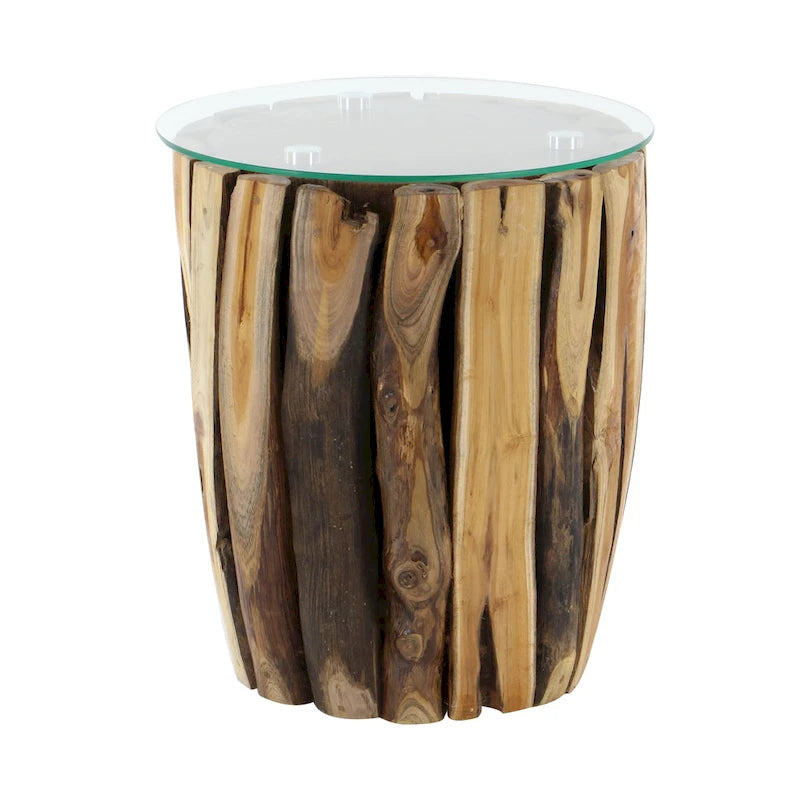 Table d'appoint cylindrique en bois de teck marron avec plateau en verre transparent - Usage unique