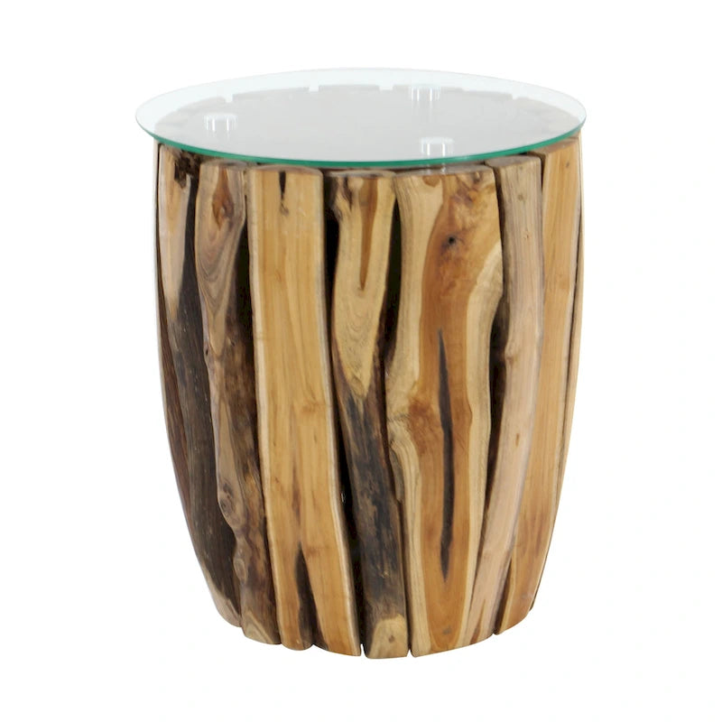 Table d'appoint cylindrique en bois de teck marron avec plateau en verre transparent - Usage unique