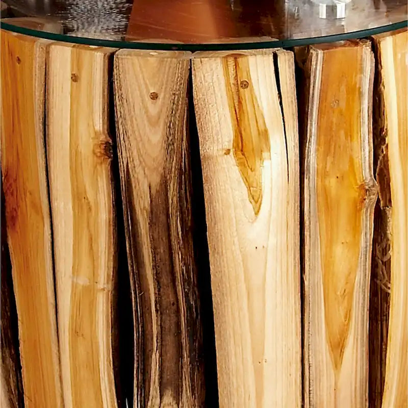Table d'appoint cylindrique en bois de teck marron avec plateau en verre transparent - Usage unique