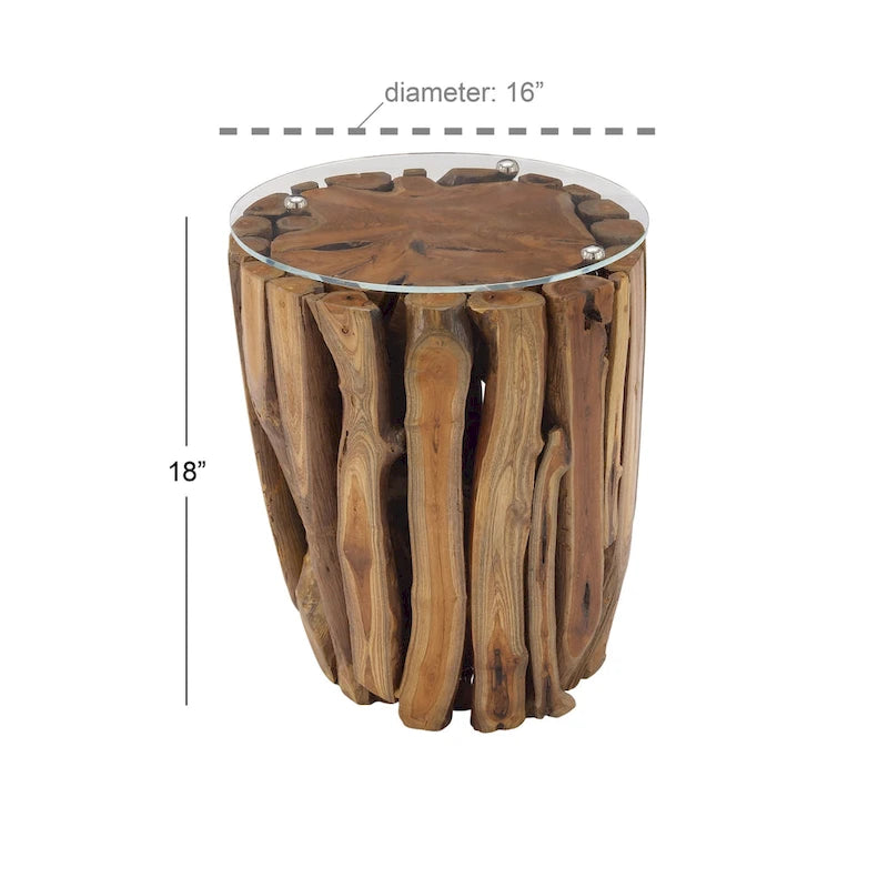 Table d'appoint cylindrique en bois de teck marron avec plateau en verre transparent - Usage unique