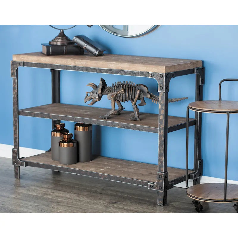 Console marron industrielle en bois massif et métal à 3 étagères - Usage unique