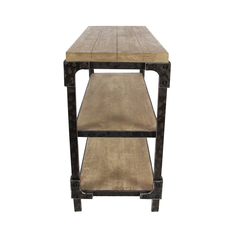 Console marron industrielle en bois massif et métal à 3 étagères - Usage unique