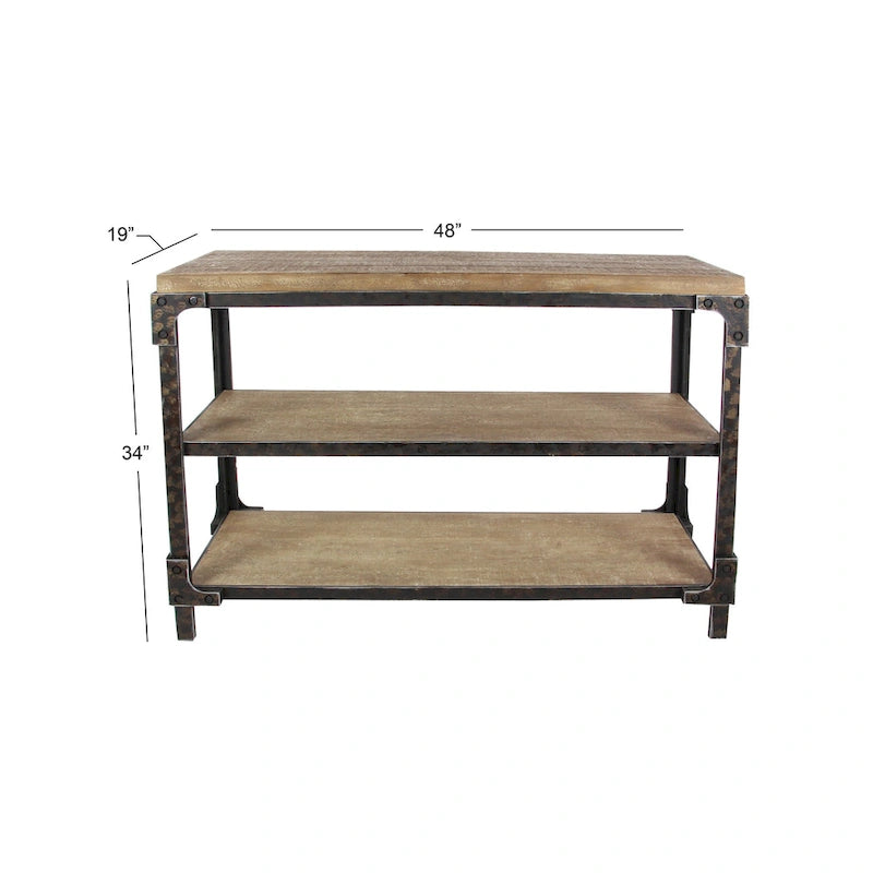 Console marron industrielle en bois massif et métal à 3 étagères - Usage unique