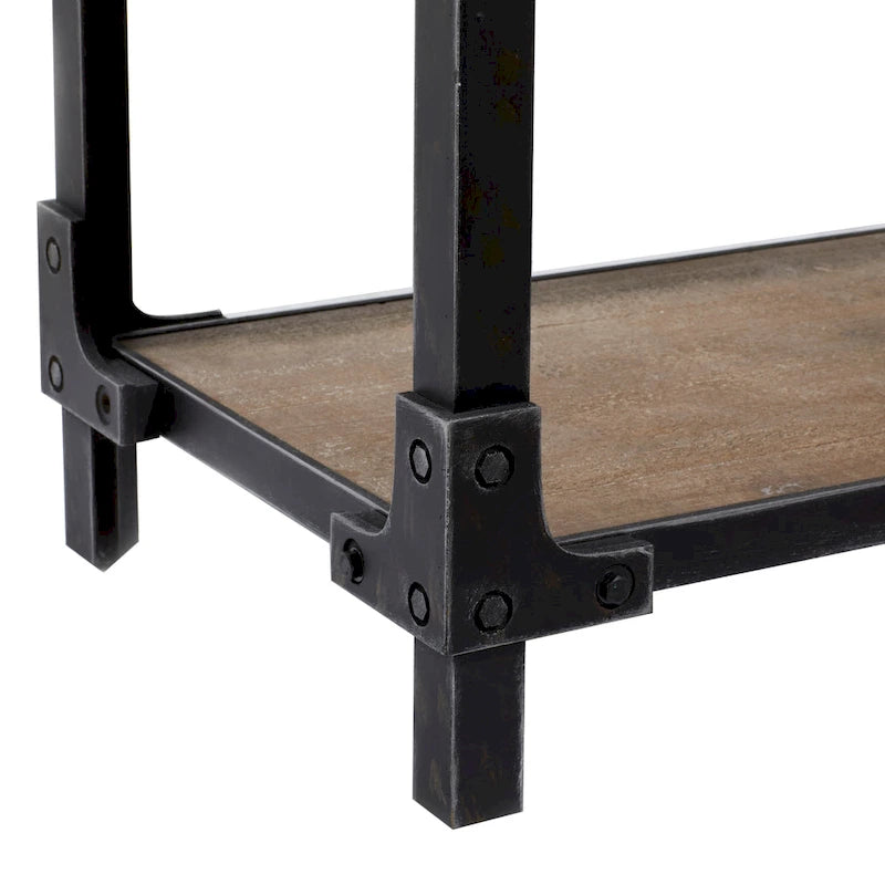 Console marron industrielle en bois massif et métal à 3 étagères - Usage unique