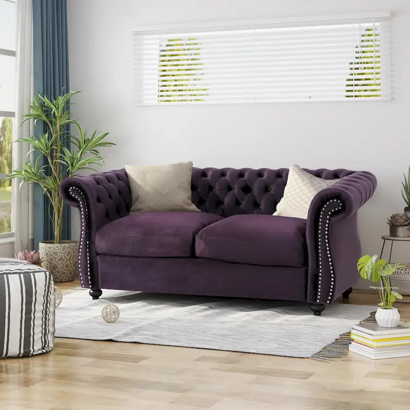 Causeuse chesterfield en polyester noir mûre/bleu marine/émeraude/beige/gris foncé avec garniture cloutée – 2 places